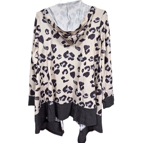 Cardigan Leopard Ultra Soft Cream Black Open Front Hood Lightweight Womens Med - Picture 3 of 8